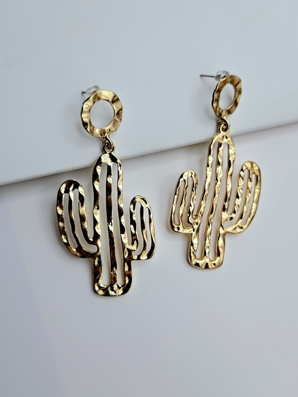 Gold Tone Open Work Cactus Dangle Earrings